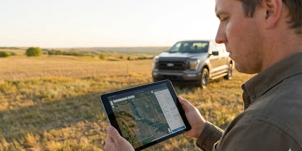 Reviewing parcel boundaries on a tablet in an open field