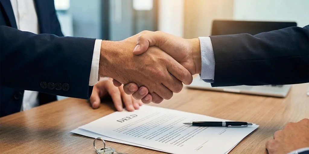 Two people shaking hands over a signed deed at a closing table